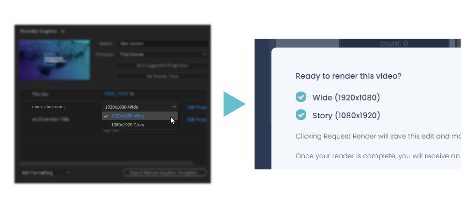 After Effects modk-dimensions dropdown with Wide and Story sizes becoming selectable render dimensions in MoDeck